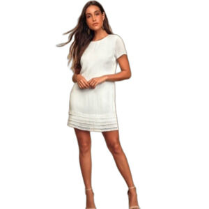 Lulus Buenas Aires White Short Sleeve Crochet Lace Hem Mini Shift Dress Size S